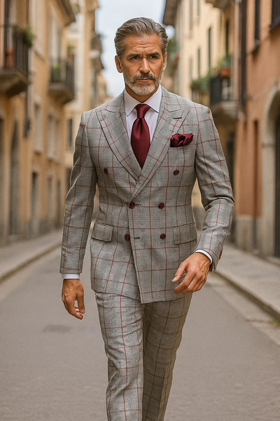 Suits With Baggy Pleated Pants - Wide Leg Pants 100% Wool - Classic Fit in Color Grey with Red Plaid by Rossiman 9   - from alligatorwarehouse.com