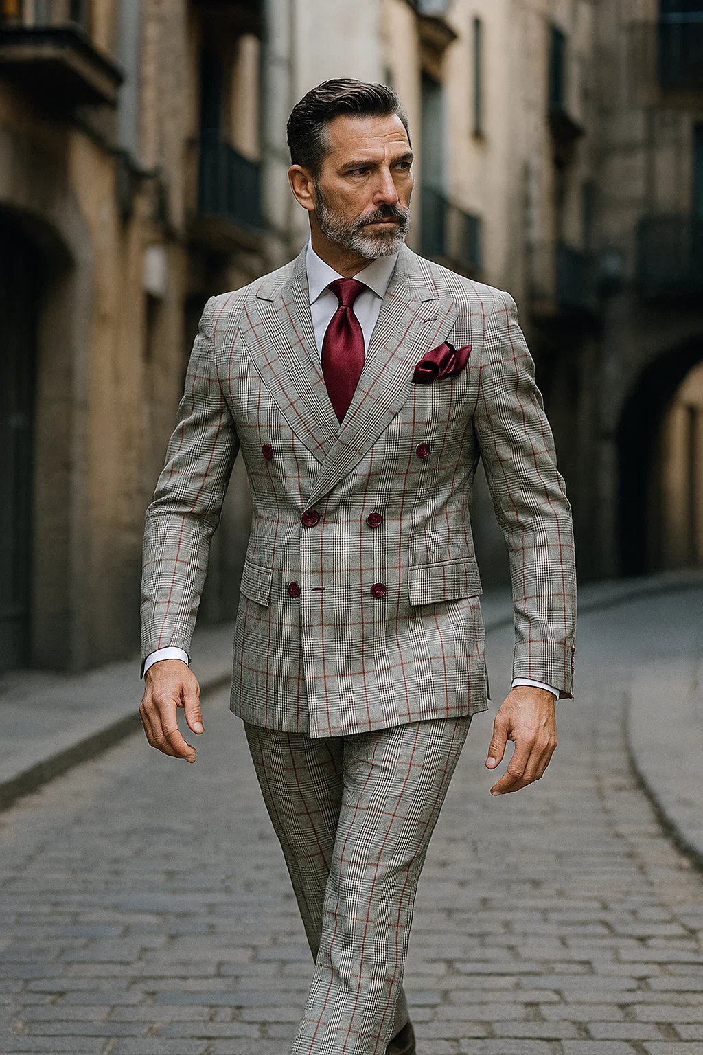 Suits With Baggy Pleated Pants - Wide Leg Pants 100% Wool - Classic Fit in Color Grey with Red Plaid by Rossiman 8   - from alligatorwarehouse.com