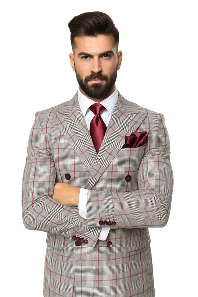 Suits With Baggy Pleated Pants - Wide Leg Pants 100% Wool - Classic Fit in Color Grey with Red Plaid by Rossiman 3   - from alligatorwarehouse.com