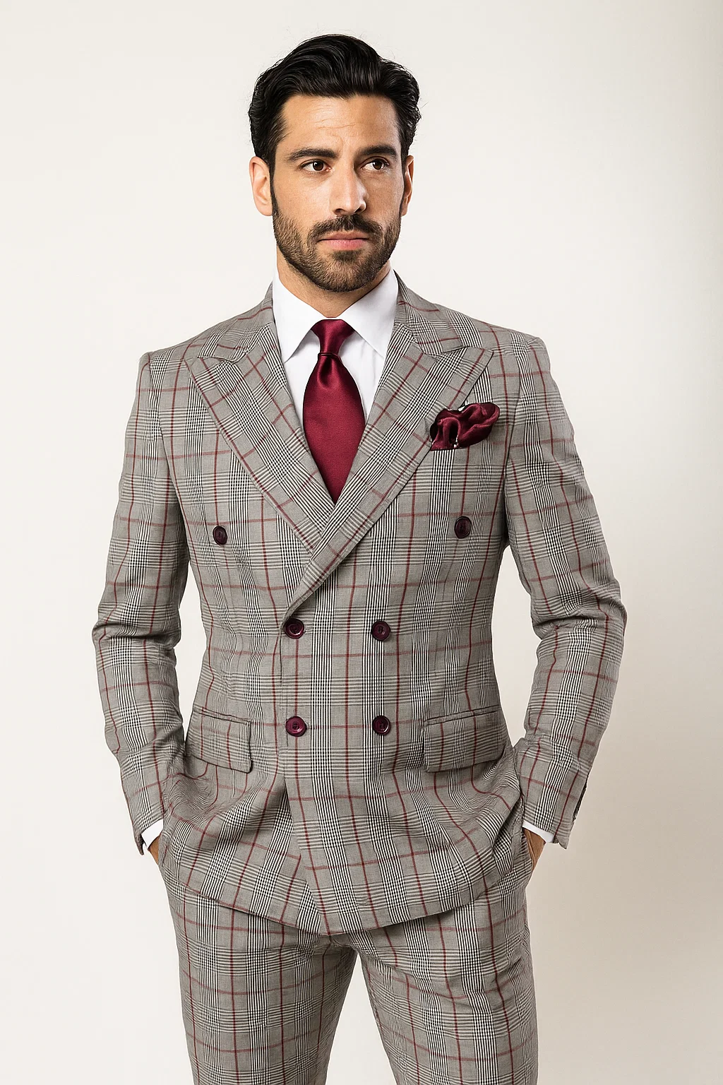 Suits With Baggy Pleated Pants - Wide Leg Pants 100% Wool - Classic Fit in Color Grey with Red Plaid by Rossiman 4   - from alligatorwarehouse.com