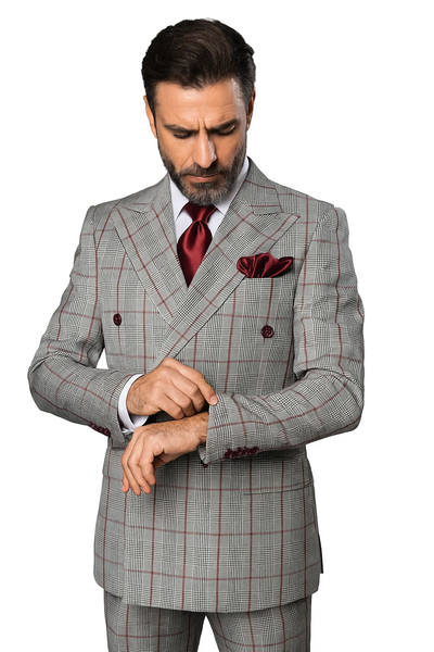 Suits With Baggy Pleated Pants - Wide Leg Pants 100% Wool - Classic Fit in Color Grey with Red Plaid by Rossiman 5   - from alligatorwarehouse.com