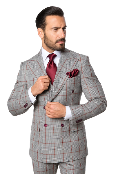 Suits With Baggy Pleated Pants - Wide Leg Pants 100% Wool - Classic Fit in Color Grey with Red Plaid by Rossiman 6   - from alligatorwarehouse.com