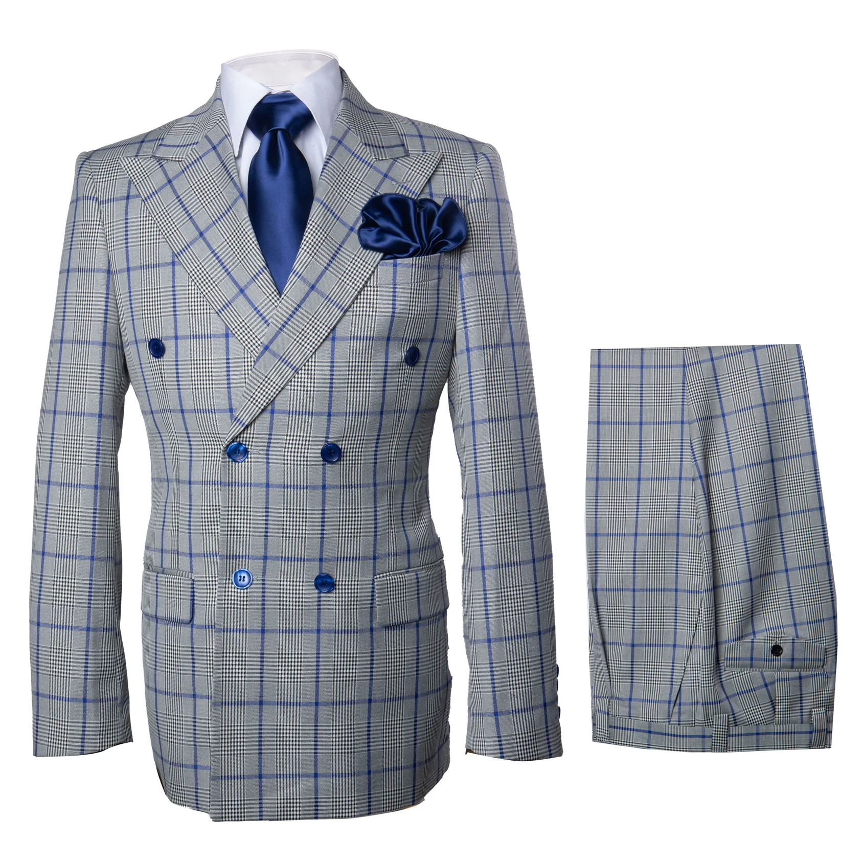 Suits With Baggy Pleated Pants - Wide Leg Pants 100% Wool - Classic Fit in Color Grey with Blue Plaid by Rossiman 2   - from alligatorwarehouse.com