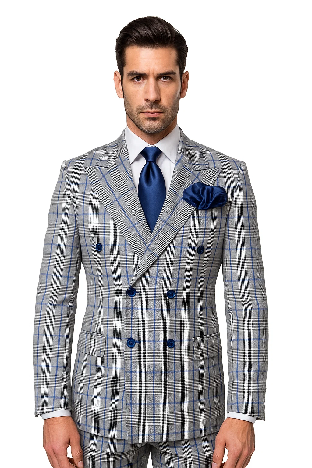 Suits With Baggy Pleated Pants - Wide Leg Pants 100% Wool - Classic Fit in Color Grey with Blue Plaid by Rossiman 1   - from alligatorwarehouse.com