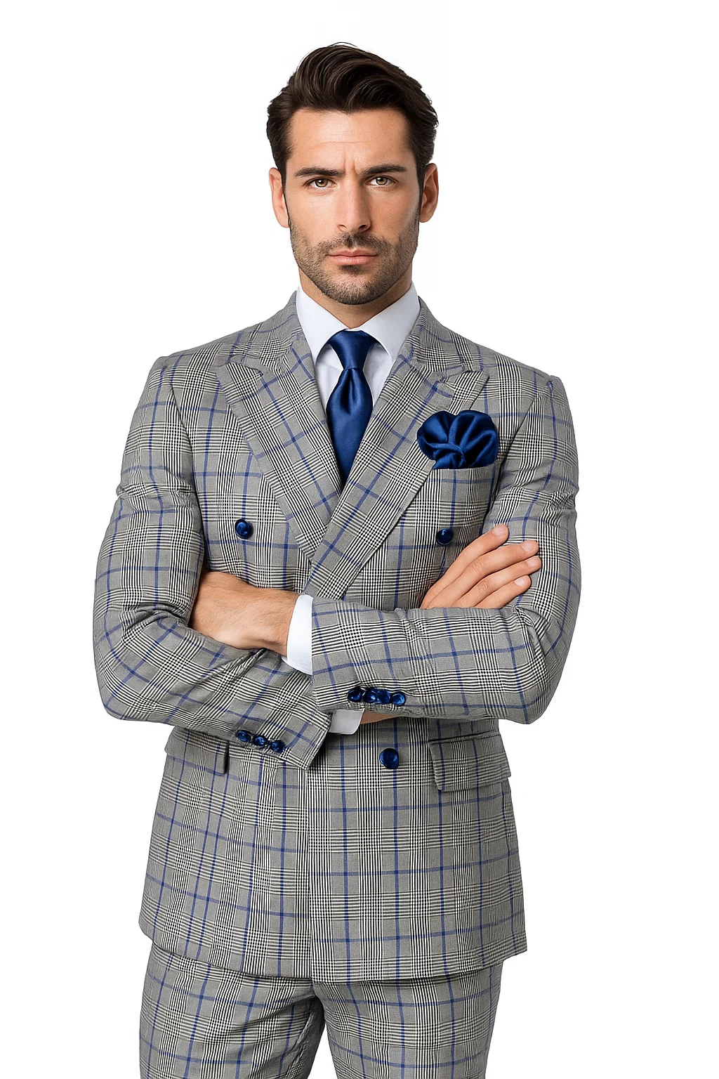 Suits With Baggy Pleated Pants - Wide Leg Pants 100% Wool - Classic Fit in Color Grey with Blue Plaid by Rossiman 7   - from alligatorwarehouse.com