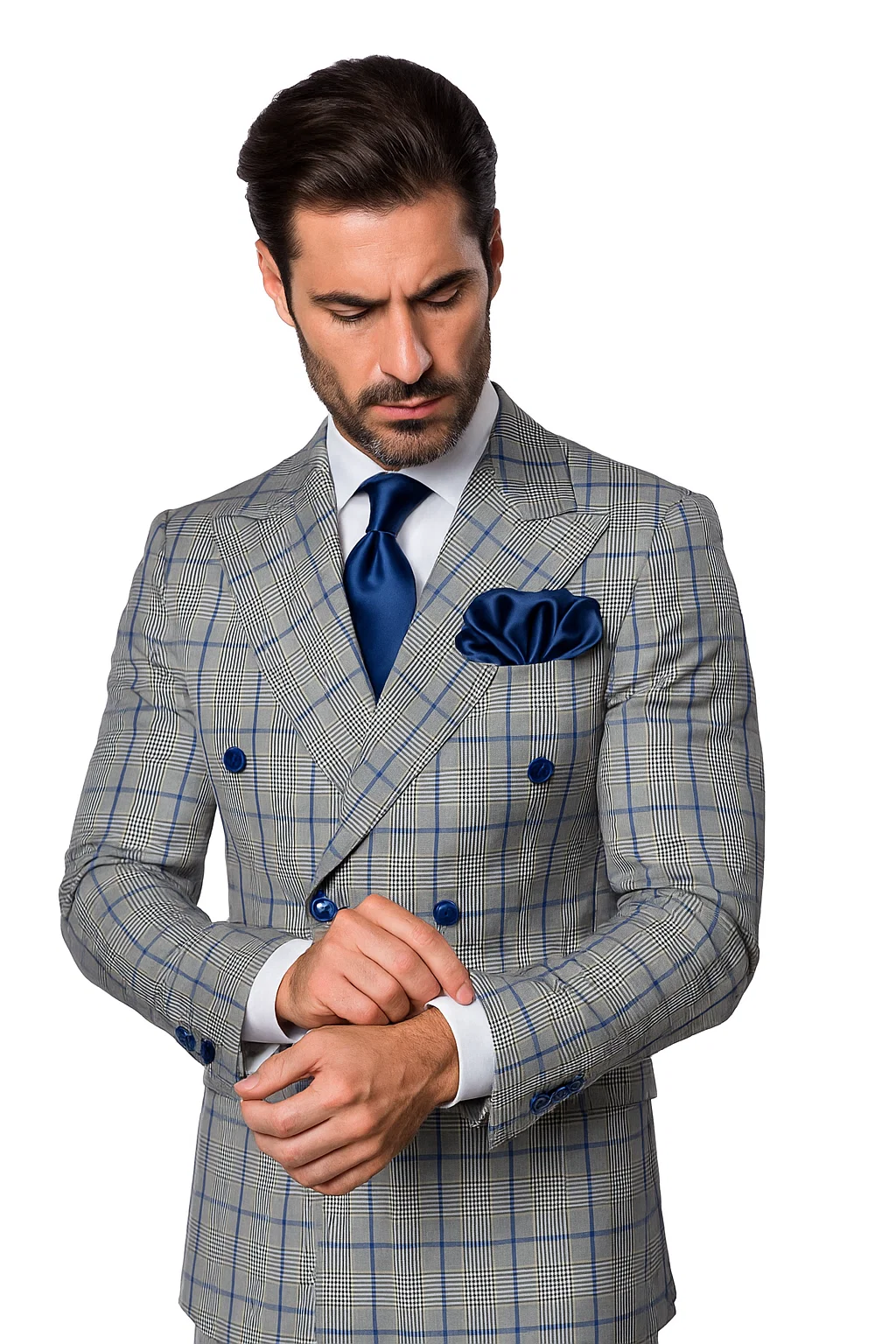 Suits With Baggy Pleated Pants - Wide Leg Pants 100% Wool - Classic Fit in Color Grey with Blue Plaid by Rossiman 6   - from alligatorwarehouse.com