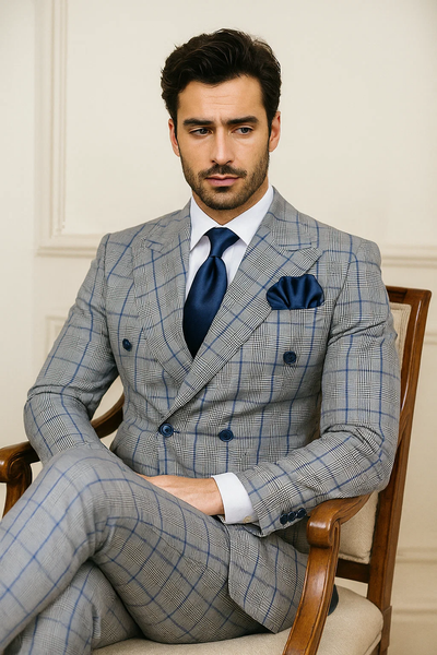 Suits With Baggy Pleated Pants - Wide Leg Pants 100% Wool - Classic Fit in Color Grey with Blue Plaid by Rossiman 4   - from alligatorwarehouse.com