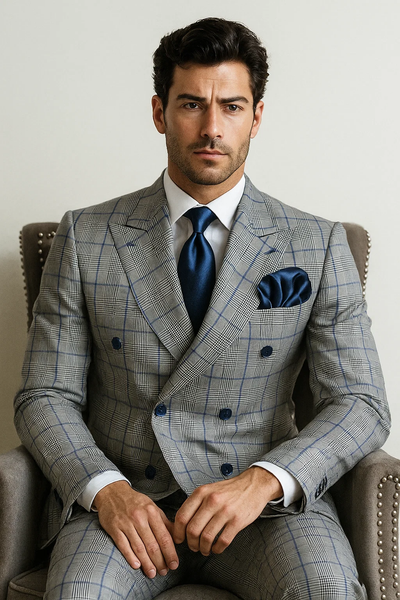 Suits With Baggy Pleated Pants - Wide Leg Pants 100% Wool - Classic Fit in Color Grey with Blue Plaid by Rossiman 3   - from alligatorwarehouse.com