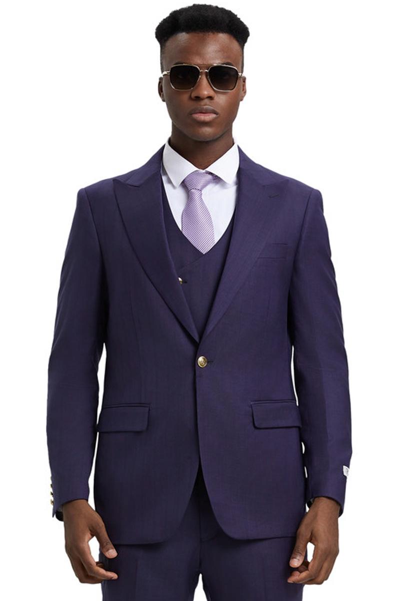 Men's Stacy Adams Vested One Button Side Peak Lapel Pinstripe Suit in Eggplant Purple