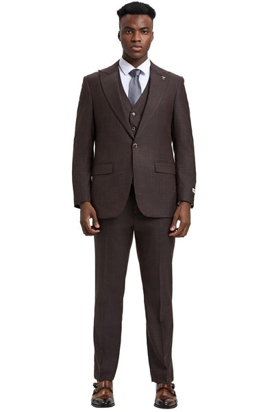 Men's Stacy Adams Vested One Button Wide Peak Lapel Windowpane Plaid Suit in Brown 2 SM161H1-65-38R  - from alligatorwarehouse.com