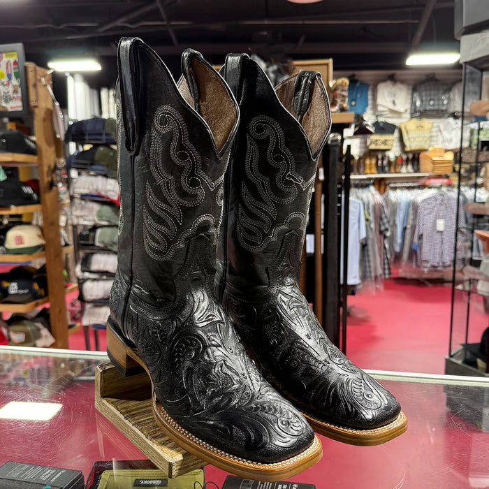 Men's White Diamonds Boots Black Hand-Tooled Western Boots Square Toe