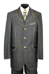 Denim Suit - Cotton Fabric Vested Suit - 3 Pieces Suit - Vested Peak lapel Fancy Suit