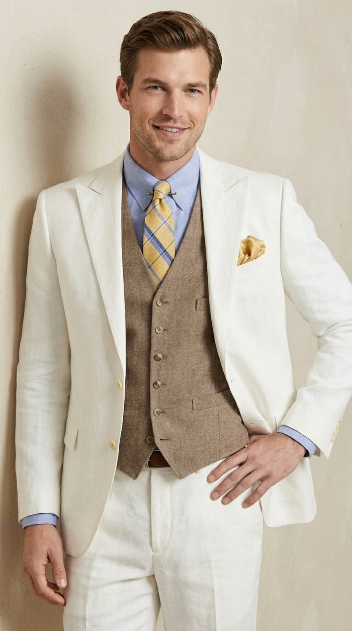 Men’s Ivory Great Gatsby Vested Suit with Brown Vest, Peak Lapel Vintage Wedding Suit