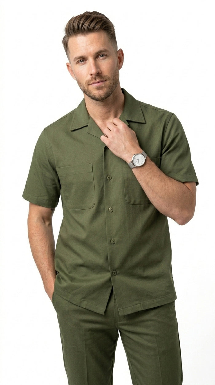 Men’s Olive Short Sleeve Walking Suit with Button Front Shirt and Matching Pants