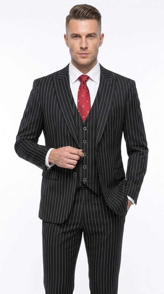 Men’s Black Bold Pinstripe 1920s Suit, Vintage 3 Piece Gangster Suit, Big and Tall Prom Outfit