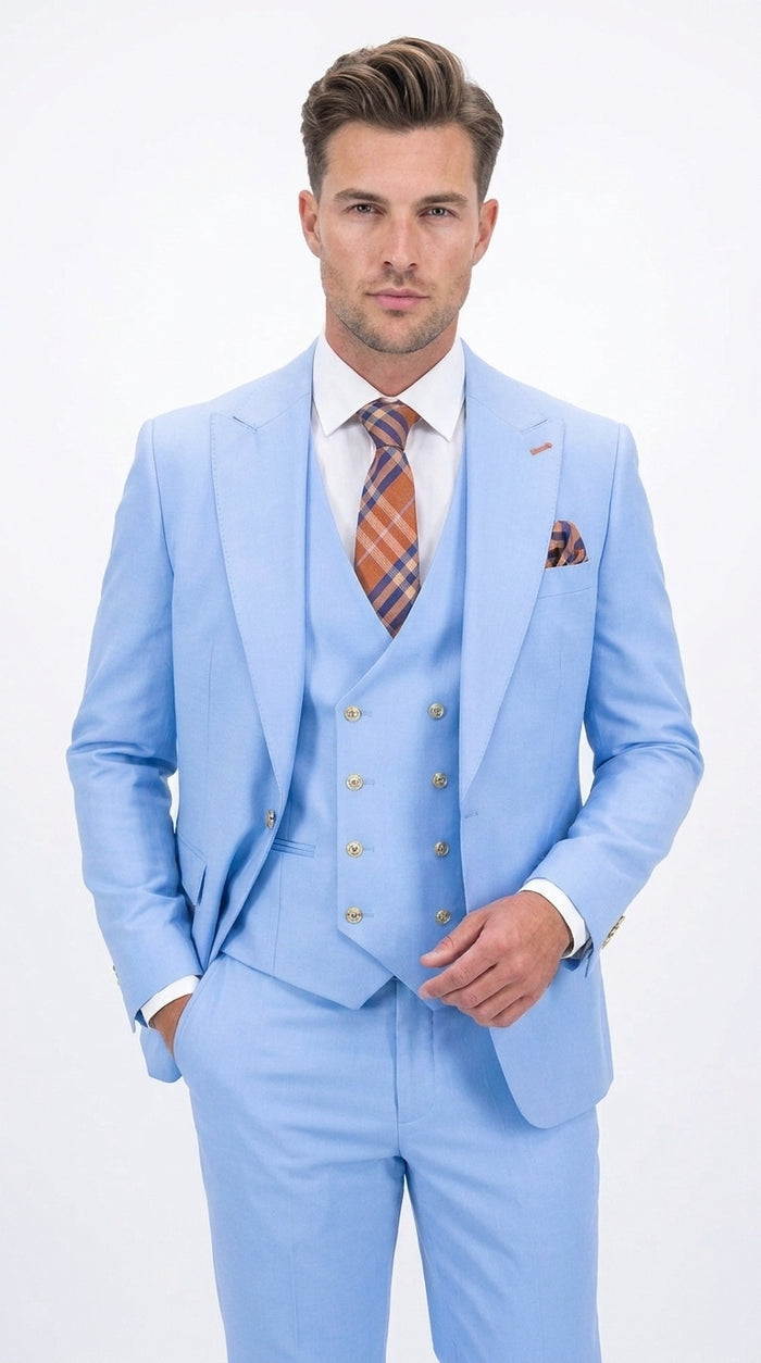 Statement Men’s Light Blue 3 Piece 100% Wool Fashion Suit, Bold Color Formal Wedding Suit