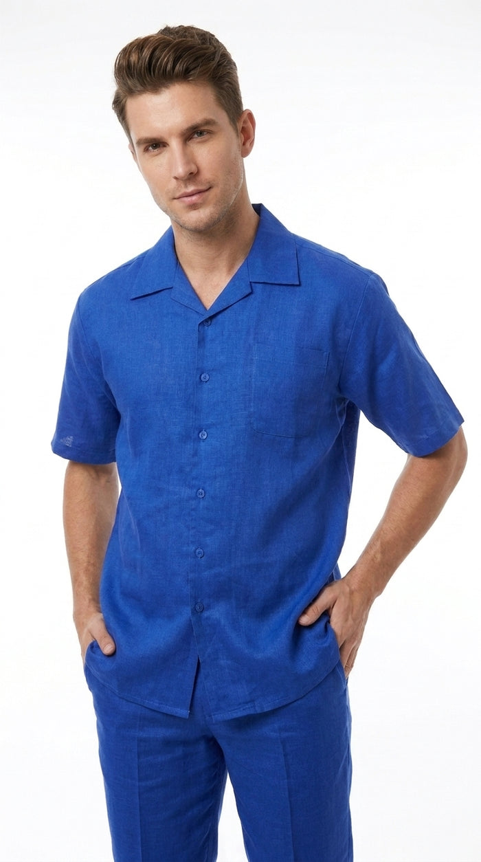 Men’s Royal Blue Linen Shirt and Pants Set, Casual Walking Suit Summer Outfit