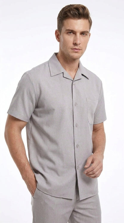 Men’s Light Grey 100% Linen Walking Suit, Short Sleeve Shirt and Pants Casual Leisure Set