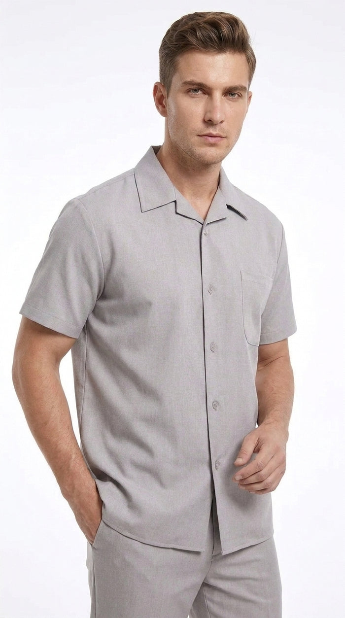 Men’s Light Grey 100% Linen Walking Suit, Short Sleeve Shirt and Pants Casual Leisure Set