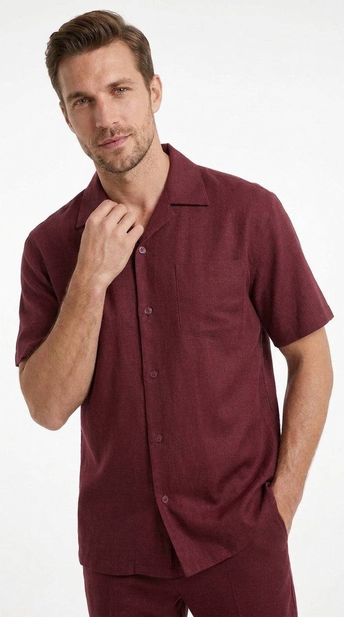 Men’s Burgundy Short Sleeve Walking Suit, Casual Summer Shirt and Pants Leisure Set