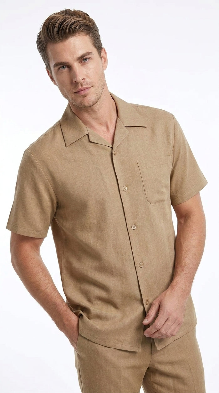 Men’s Tan Short Sleeve Walking Suit Casual Summer Leisure Set 2 Piece Shirt and Pants Outfit