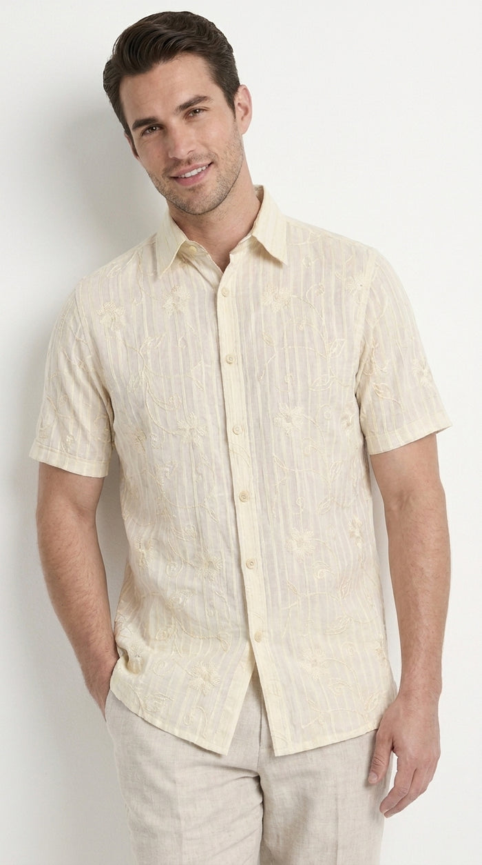 Men’s Cream Abstract Stripe Walking Suit Set, 2 Piece Short Sleeve Casual Summer Outfit