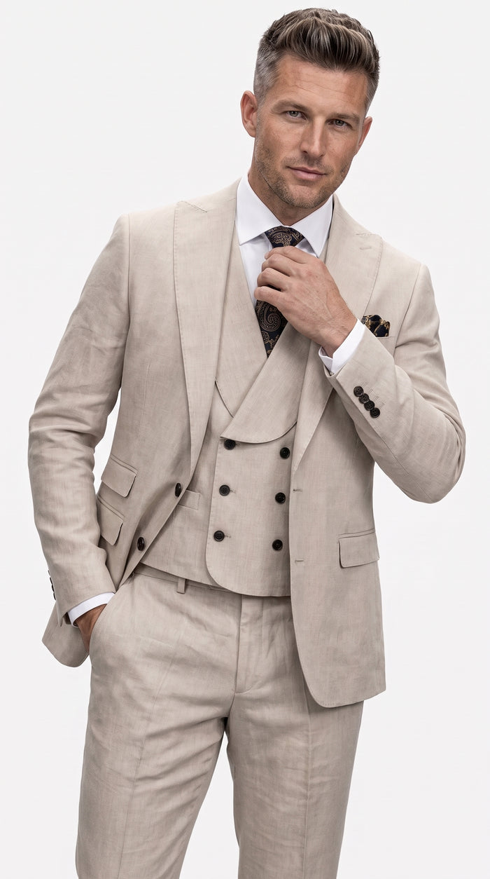 Statement Men’s Tan Wool Suit with Double Breasted Vest, Single Button Big Lapel Formal Dress Suit