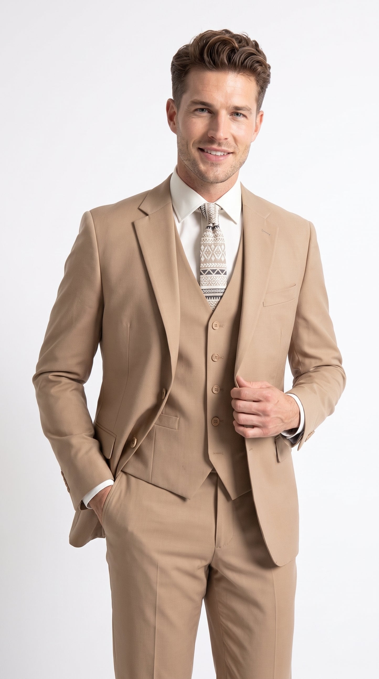 Apollo King Men’s Camel Classic Fit Vested Suit, 3 Piece Formal Wedding Business Dress Suit
