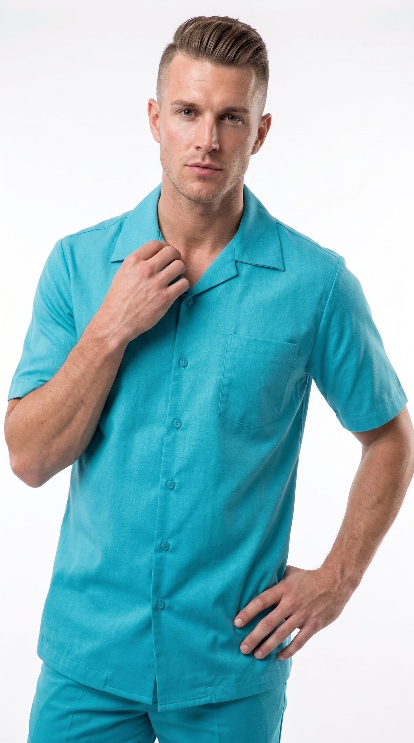 Men’s Turquoise Linen Shirt and Pants Set, Casual Summer Walking Suit Outfit