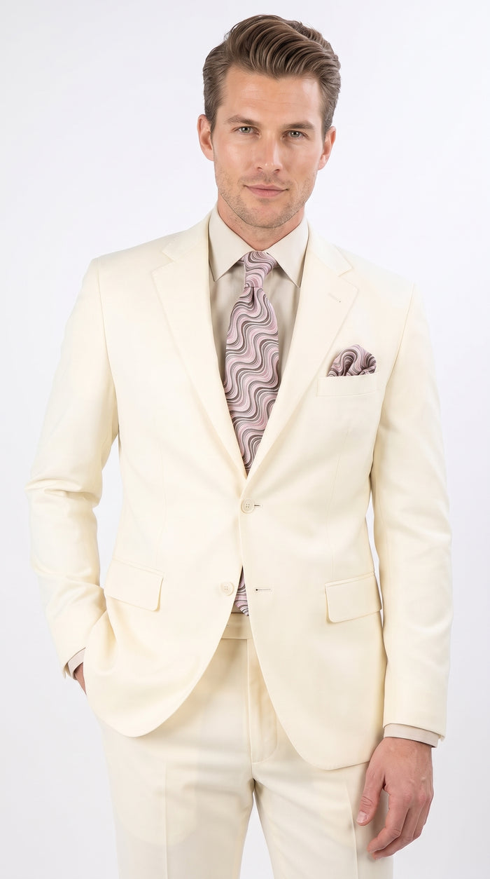 Apollo King Men’s Ivory Poplin Suit, 2 Button Modern Formal Wedding Dress Suit