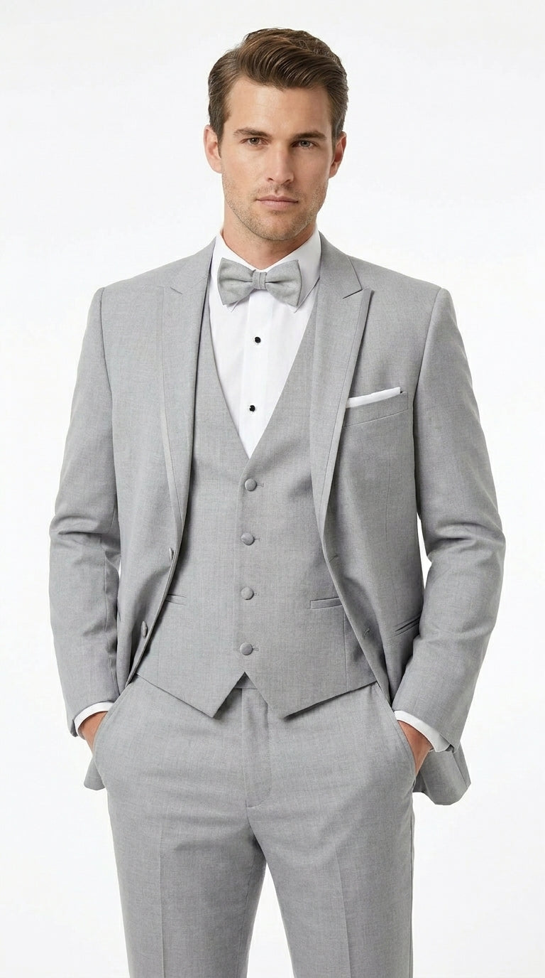 Men’s Light Grey Marseille 1 Button Peak Lapel Tuxedo with Satin Trim, Designer Wedding Suit