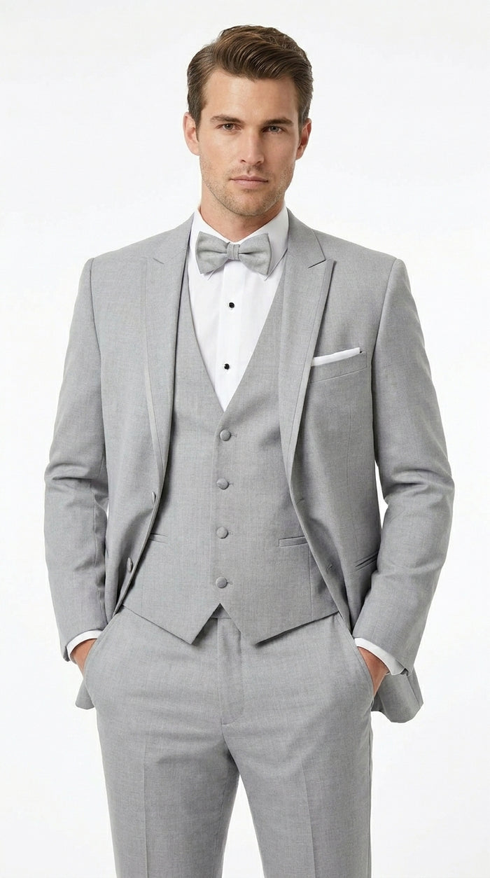 Men’s Light Grey Marseille 1 Button Peak Lapel Tuxedo with Satin Trim, Designer Wedding Suit