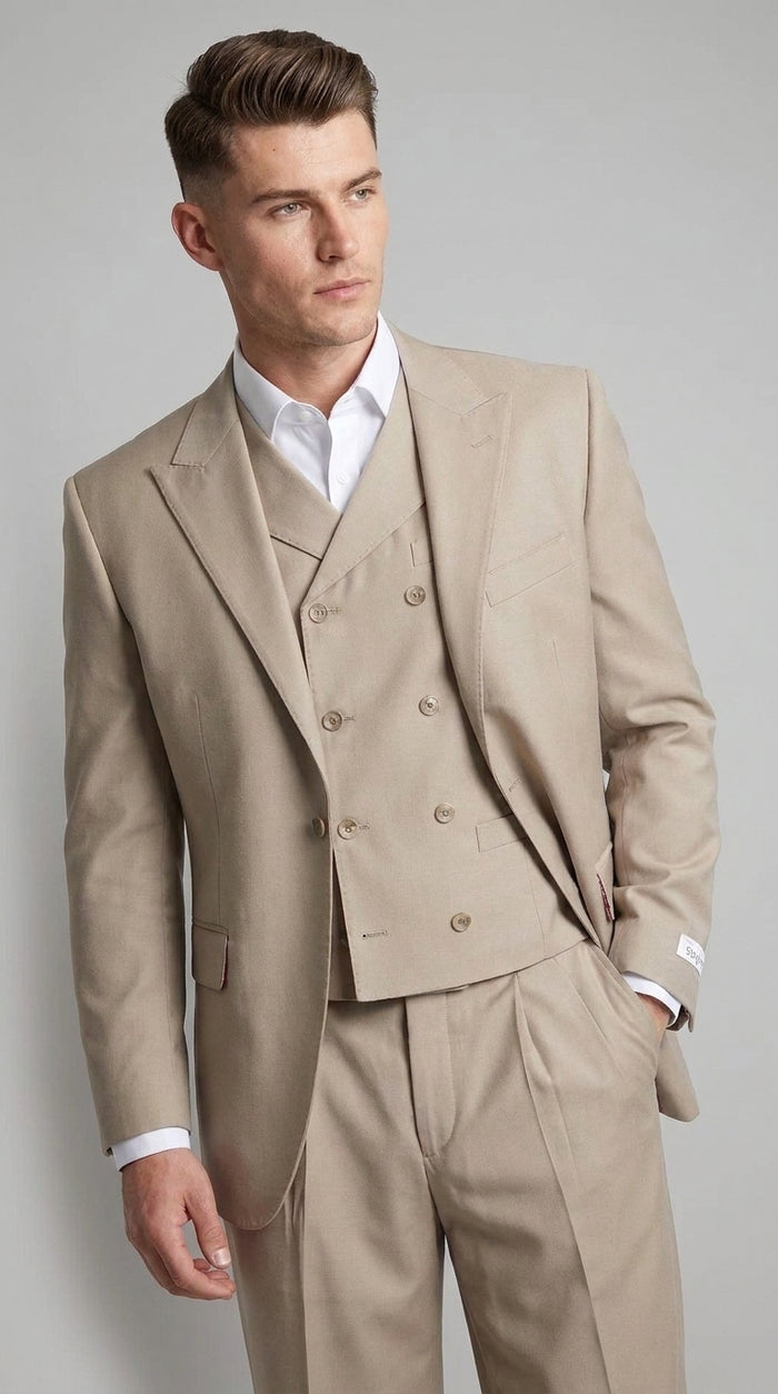 Tiglio Rosso Men’s Tan 3-Piece Italian Wool Suit – Classic Fit Peak Lapel Suit with Double-Breasted Vest and Pleated Wide-Leg Pants