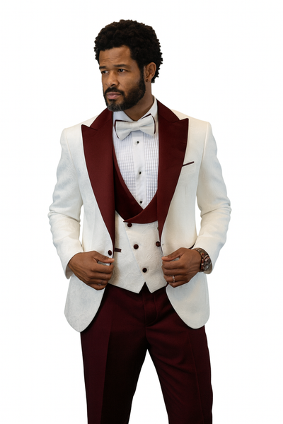 Hilton White and Burgundy Paisley Peak Lapel Tuxedo Jacket with Matching Shawl Vest and Wool Pants – Includes Bow Tie 1   - from alligatorwarehouse.com