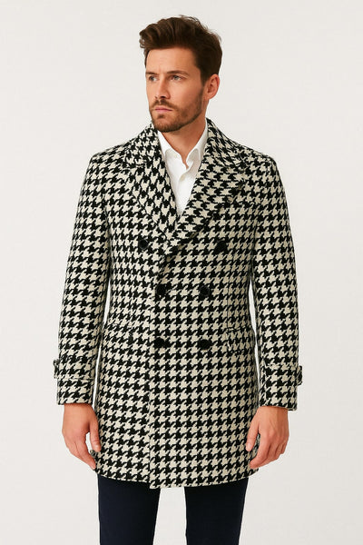 Mens Houndstooth Double-Breasted Wool Peacoat – Black and White Wool  Short Coat Slim Fit 1   - from alligatorwarehouse.com