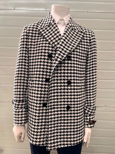 Mens Houndstooth Double-Breasted Wool Peacoat – Black and White Wool  Short Coat Slim Fit 3   - from alligatorwarehouse.com