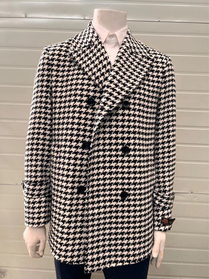 Mens Houndstooth Double-Breasted Wool Peacoat – Black and White Wool  Short Coat Slim Fit