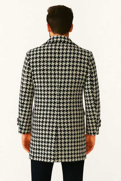 Mens Houndstooth Double-Breasted Wool Peacoat – Black and White Wool  Short Coat Slim Fit