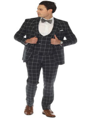 Mens Plaid Suit - Windowpane Pattern With Vest - Business Suit Hunter Green