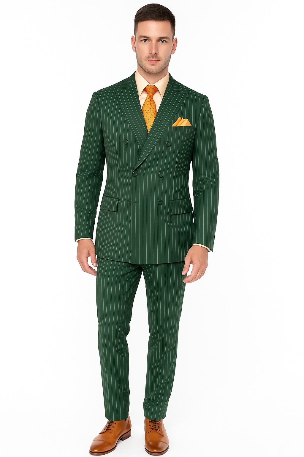 Mens Hunter Green Pinstripe Double-Breasted Suit – Bold 6-Button Vintage Gangster Style 1920s Look 1   - from alligatorwarehouse.com