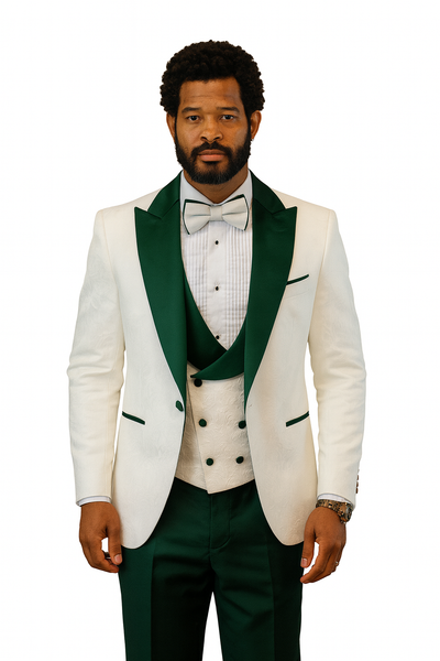 Hilton White and Hunter Green Paisley Peak Lapel Tuxedo Jacket with Matching Shawl Vest and Wool Pants – Includes Bow Tie 1   - from alligatorwarehouse.com