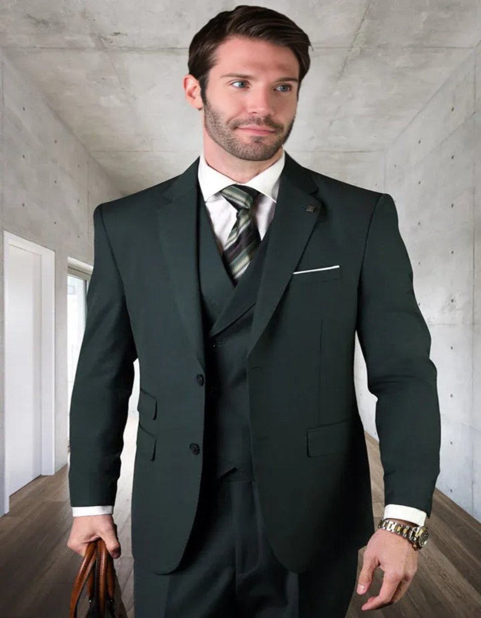 Pleated?ÿDress?ÿMen?ÿSuits - Men's Designer Classic Fit Pleated Pant Wool Double Breasted Green Suit
