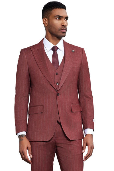 Men's Stacy Adams One Button Peak Lapel Vested Suit in Burgundy Pinstripe 1 SM176H1-01-38R  - from alligatorwarehouse.com