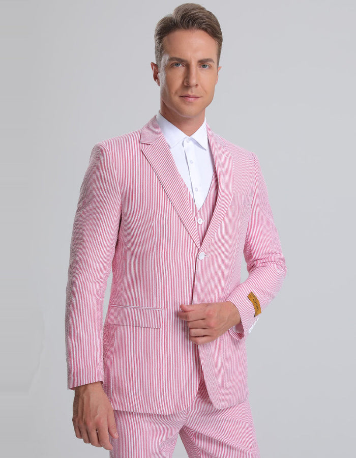 Mens Jacket + Pants Summer Seersucker Suit in Red Pinstripe