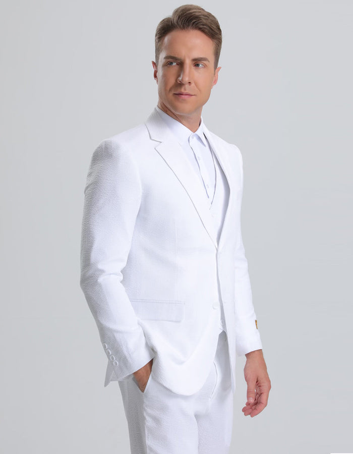 Mens Jacket + Pants Summer Seersucker Suit in White Pinstripe