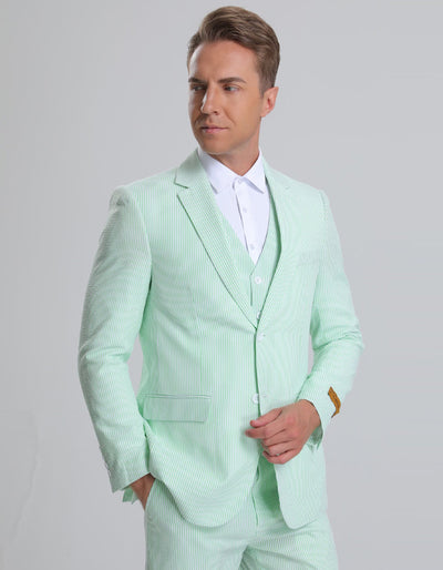 Mens Vested Summer Seersucker Suit in Green Pinstripe 1 97-3160  - from alligatorwarehouse.com