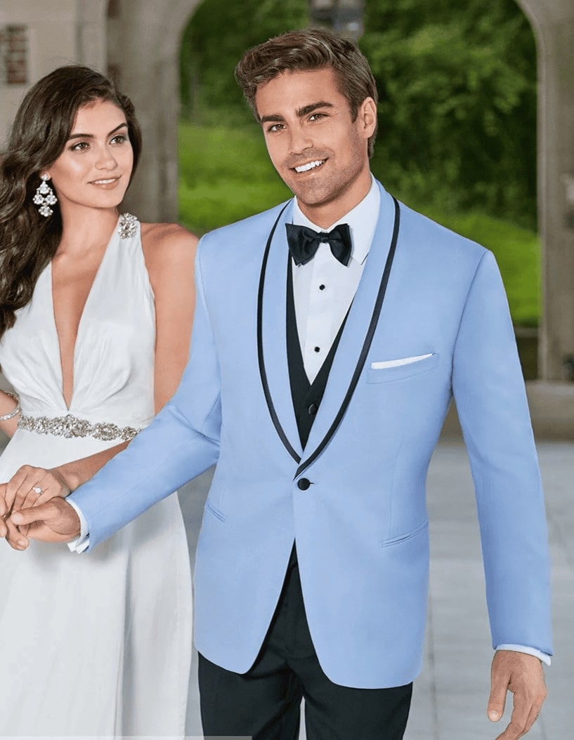 Mens Designer Satin Trim Valencia Shawl Tuxedo in Sky Blue