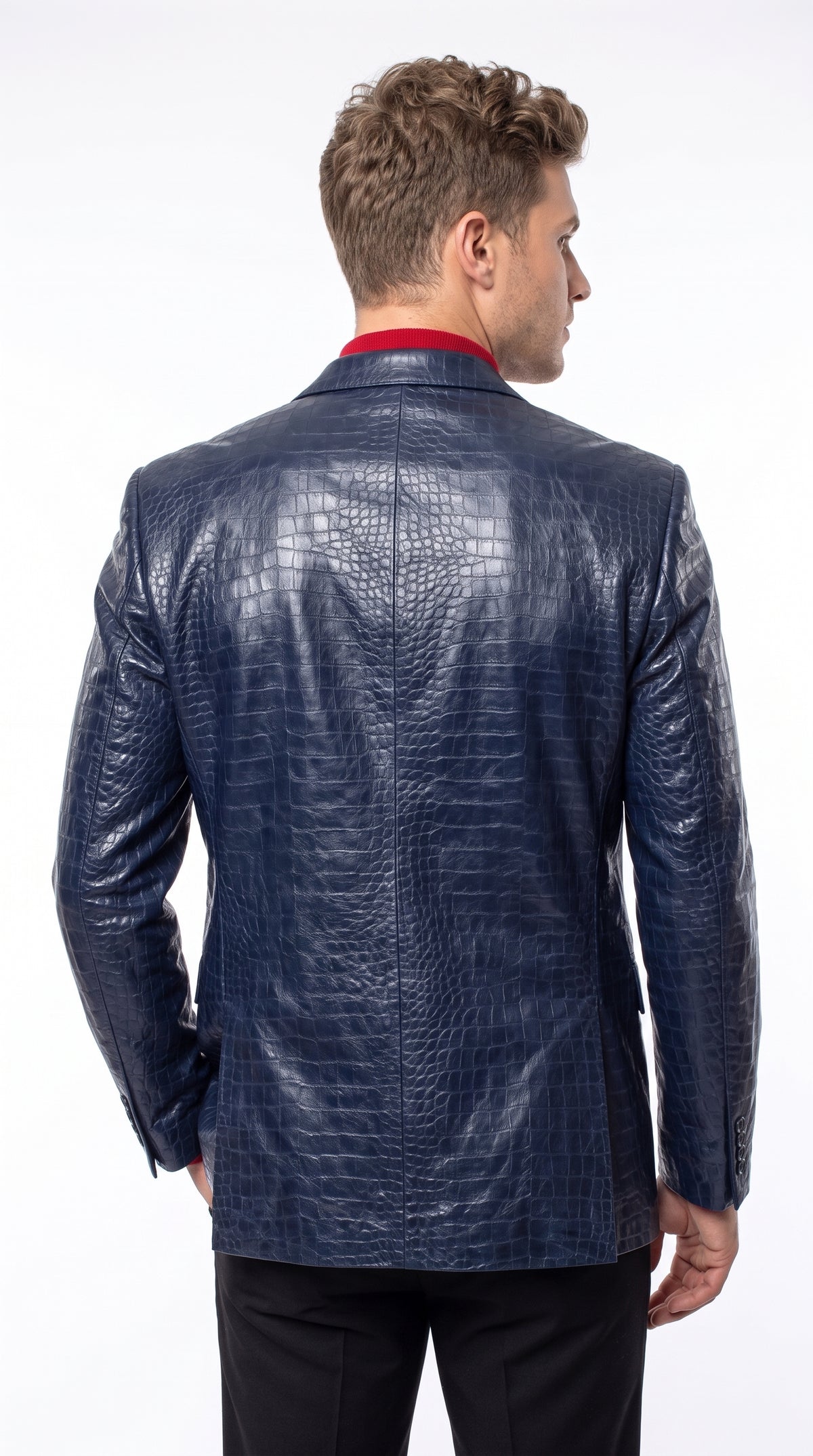 Zacchi Men’s Black Alligator Leatherette Jacket, Mickey Crocodile Print 2 Button Blazer