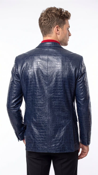 Zacchi Men’s Black Alligator Leatherette Jacket, Mickey Crocodile Print 2 Button Blazer
