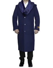 Indigo Blue Removable Fur Collar Ankle length Wool Top Coat/Overcoat | Winter men's Topcoat Sale - Mens Overcoat